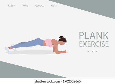 Web page design for Fitness, Sport training, Healthy lifestyle. Women in sportswear doing plank exercise. Vector illustration for poster, banner, website, placard, flyer.