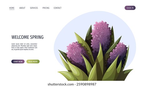 Web page design with flowers. Spring time, nature, gardening. Vector illustration for banner, website template.