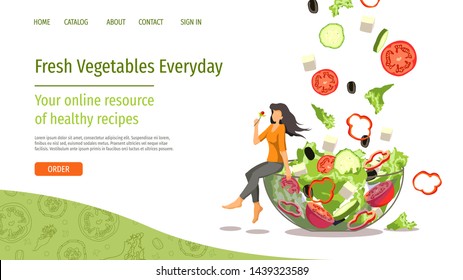 Web page design for fresh vegetables, online food ordering, recipes. Woman sitting on the edge of transparent bowl with fresh vegetable salad. Vector illustration for poster, banner, website.