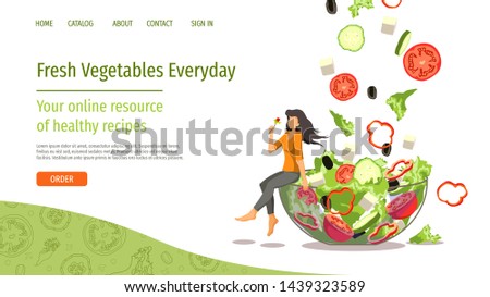 Web page design for fresh vegetables, online food ordering, recipes. Woman sitting on the edge of transparent bowl with fresh vegetable salad. Vector illustration for poster, banner, website.