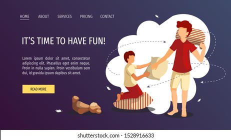 Web page design for Friendship, Fun, Childhood, Pajama party. Children playing a fight with pillows. Vector illustration for poster, banner and website development.