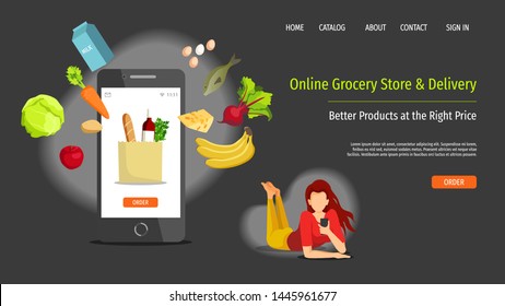 Diseño de página web para tienda, mercado en línea, entrega en casa. Mujer joven con smartphone y comida en el fondo oscuro. Ilustración vectorial para afiche, banner, desarrollo de sitios web.