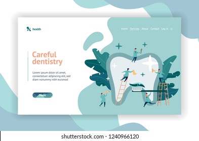 Web page design. Group of small dentists are caring for a large tooth. modern digital illustration with smooth shapes. Big tooth on the background of plants.