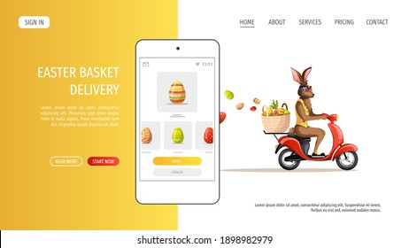 Web page design for Happy Easter. Rabbit riding a scooter with easter basket and phone with decorated eggs on the screen. Easter delivery concept. Vector illustration for poster, banner, website.