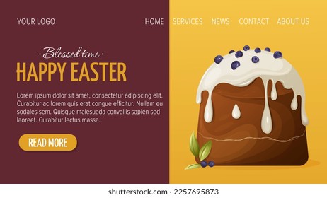 Web page design for Happy Easter. Festive traditional cake with white icing and blueberries. Vector illustration, template for poster, banner, website.