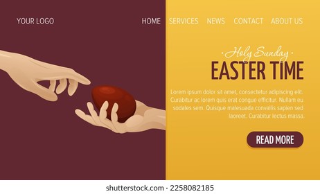 Web page design for Happy Easter. One hand reaches for the other, in which lies a red egg. Vector illustration, template for poster, banner, website.