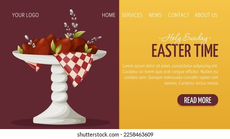 Web page design for Happy Easter. Festive red eggs, willow twigs on a plate with a stand. Vector illustration, template for poster, banner, website.