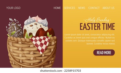 Web page design for Happy Easter. Wicker basket with a festive traditional cake, red eggs, a bouquet of willow branches. Vector illustration, template for poster, banner, website.