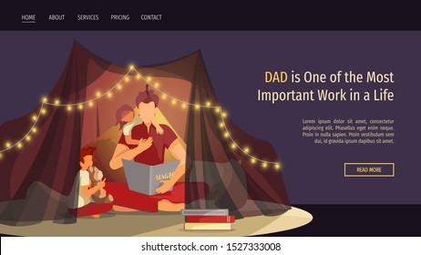 Web page design for Happy family, Childhood, Parenthood, Cozy. Father and children are sitting in a tent and reading book. Vector illustration for poster, banner and website development.