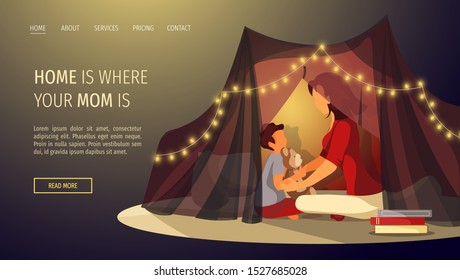 Web page design for Happy family, Childhood, Motherhood, Parenthood, Cozy. Mother and child are sitting in a tent. Vector illustration for poster, banner and website development.