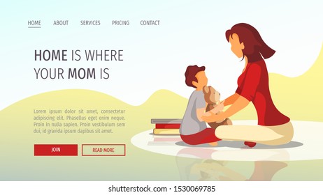 Web page design for Happy family, Childhood, Motherhood, Parenthood. Mother and child are sitting together. Vector illustration for poster, banner and website development.