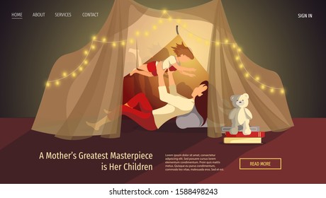 Web page design for Happy family, Childhood, Parenthood, Motherhood, Cozy. Mother and child in a tent. Vector illustration for poster, banner and website development.