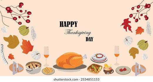 Web page design for Happy Thanksgiving with baked turkey, autumn leaves, pumpkin pie, apples and plates on the cute pink  background. Vector illustration for banner, poster, website.