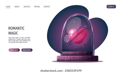 Web page design with heart in a glass dome. Romantic, magic love, Valentine's Day, esoteric concept. Vector illustrations for banner, advertising, website.
