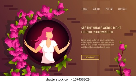 Web page design with House wall with plants and young woman looking out of the round window. Vector illustration for card, poster, banner, website.