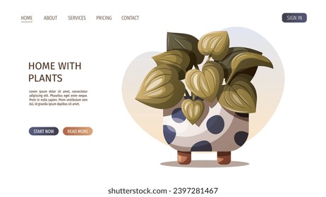 Web page design with a houseplant. Home garden, potted plant concept. Houseplant in pot. Home garden, potted plant concept. Isolated vector illustration. Vector illustration for website, banner, prom.