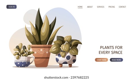 Web page design with houseplants.  Home garden, potted plant concept. Isolated vector illustration. Vector illustration for website, banner, promo.