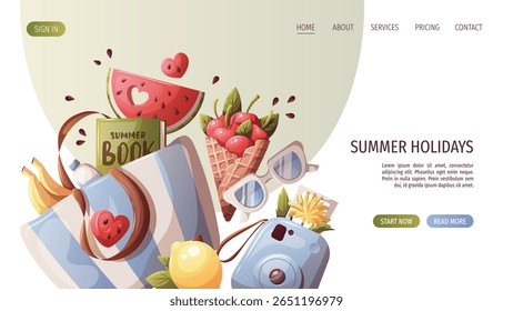 Web page design with instant camera, beach bag, lemon, watermelon, cherries. Vector illustration for promo, website, banner.
