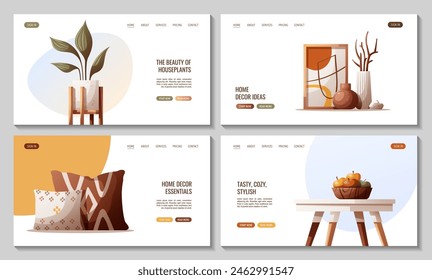 Web page design with Interior decor, pillows, houseplant, dining table. Interior design, home decor, cozy home concept. Vector illustration for banner, website.