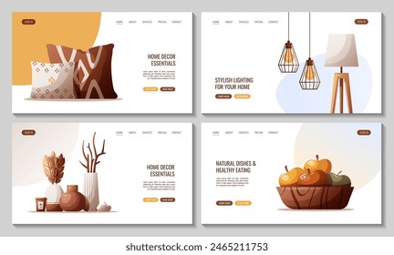 Web page design with Interior decor, pillows, interior lamps, bowl with fruits. Interior design, home decor, cozy home concept. Vector illustration for banner, website.