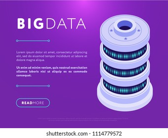 Web page design with isometric template of big data network storage and text space on purple