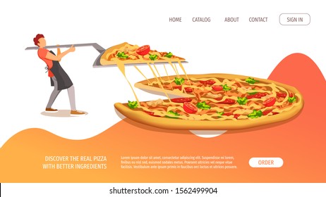 Web page design for Italian restaurant, Pizza, Cooking, Food ordering, Fast food. Tiny chef and Huge pizza with cheese, tomato, broccoli. Perfect for poster, banner, flyer, menu, website.