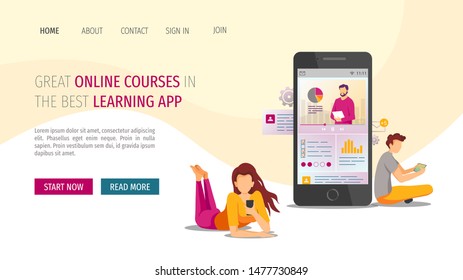 Web page design for Learning application, Online training, education, e-learning. People with smartphone studying in a mobile learning app. Vector illustration for poster, banner, website.