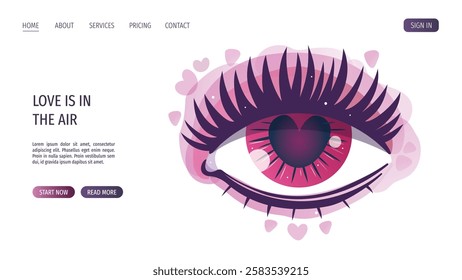 Web page design with love eye. Romantic, magic love, 14 February, esoteric concept. Vector illustrations for banner, website, .web page.