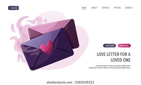 Web page design with love letter. Romantic, magic love, Valentine's Day, esoteric concept. Vector illustrations.