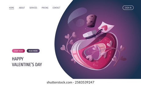 Web page design with love potion. Romantic, magic love, 14 February concept. Vector illustrations for banner, advertising, website.