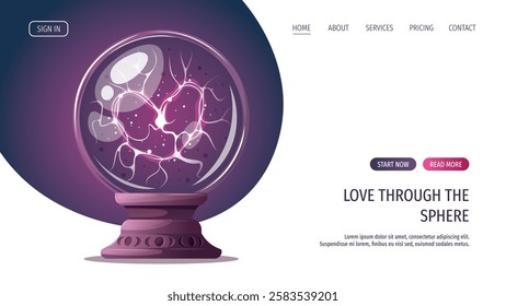 Web page design with magic ball. Romantic, magic love, Valentine's Day , esoteric concept. Vector illustrations.