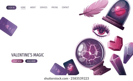 Web page design with magic ball, crystals, heart in a glass dome, tarot cards, love eye. Romantic, magic love, esoteric concept. Vector illustrations for banner, promo, website.