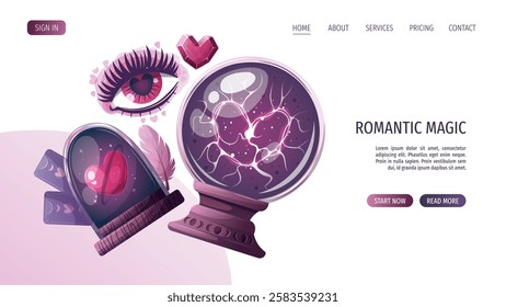 Web page design with magic ball, crystals, heart in a glass dome, tarot cards, love eye. Romantic, magic love, esoteric concept, Vector illustrations.
