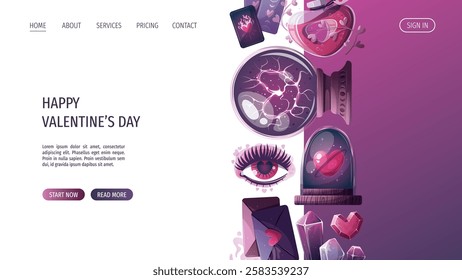 Web page design with magic ball, love potion, crystals, love letter, heart in a glass dome, tarot cards, love eye. Romantic, magic love, Valentine's Day, esoteric concept. Vector illustrations.