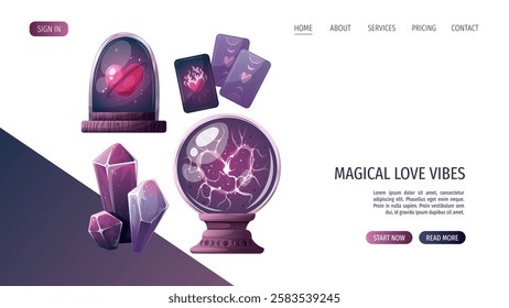 Web page design with magic ball, crystals, heart in a glass dome, tarot cards. Romantic, magic love, esoteric concept, Vector illustrations.