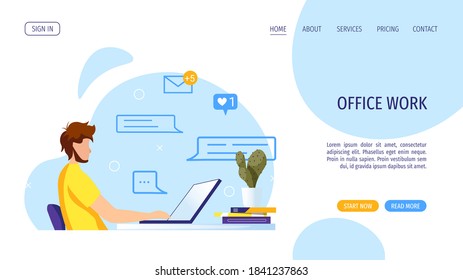 Web page design with man working with laptop at the table. Freelance, work at home, online job, office, workplace, e-learning concept. Vector illustration for poster, banner, website.