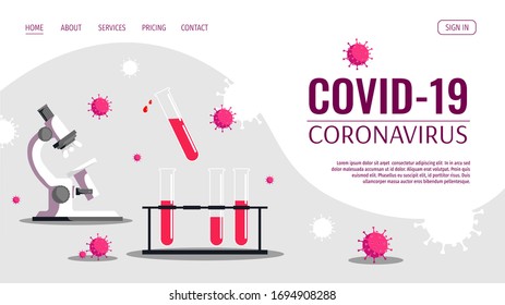Web page design with microscope, blood tubes and viruses. Medicine, Coronavirus, Analysis, Medical laboratory concept. Vector illustration for poster, banner, website, flyer.