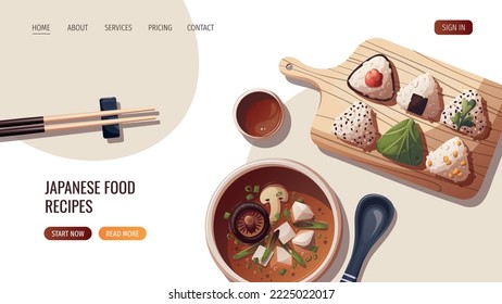 Web page design with Miso soup and onigiri. Japanese food, healthy eating, cooking, menu concept. Vector illustration. Banner, website, advertising.