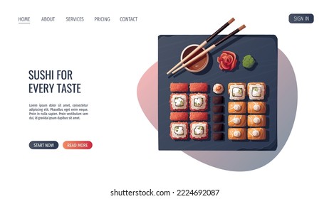 Web page design with mix of Sushi rolls on the black stone. Japanese food, healthy eating, cooking, menu, nutrition concept. Vector illustration. Banner, website, advertising. 