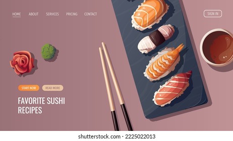 Diseño de páginas web con mezcla de sushi en la piedra negra. Comida japonesa, comida saludable, cocina, menú, concepto de nutrición. Ilustración vectorial. Cartel, sitio web, publicidad. 