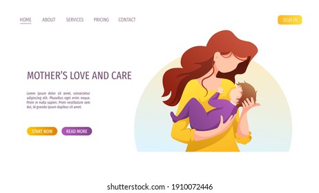 Web page design with mother holding newborn baby in her arms. Motherhood, Parenthood, Childhood, Mother's Day Happy family concept. Vector Illustration for poster, banner, website.