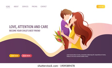 Web page design with mother hugging her little son. Motherhood, Parenthood, Childhood, Mother's Day Happy family concept. Vector Illustration for poster, banner, website.
