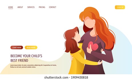 Web page design with mother hugging her little daughter. Motherhood, Parenthood, Childhood, Mother's Day Happy family concept. Vector Illustration for poster, banner, website.