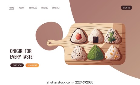 Web page design with Onigiri on the board. Japanese food, healthy eating, cooking, menu, nutrition concept. Vector illustration. Banner, website, advertising.