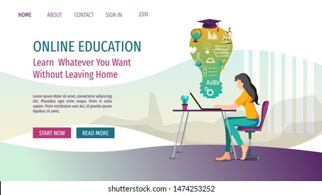 Web page design for Online courses, distance education and e-learning. Young woman with laptop and simple flat icons. Vector illustration for poster, banner and website development.