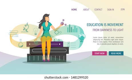 Web page design for Online courses, education, knowledge and e-learning. Young woman sitting on the books and simple flat icons around. Vector illustration for poster, banner and website development.