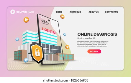 Web page design Online diagnosis template concept with hospital and mobile phone for web banner.