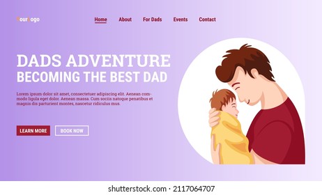 Web Page Design Of Online Parenting Classes For Dads. New Dad's Guide To Fatherhood. Happy Family, Parenting, Father's Care, Childhood. Vector Illustration For Banner, Poster, Website.