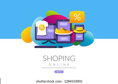 Web page design. Online shopping concept banner with devices and goods. Can use for web banner, infographics. Flat vector illustration isolated on white background. 