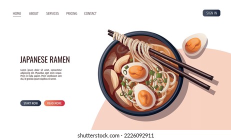 Web page design with Ramen with eggs, meat and noodles in plate. Japanese food, healthy eating, cooking, menu concept. Vector illustration. Banner, website, advertising. 